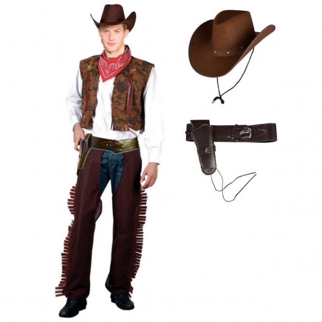 Western Cowboy + DARK BROWN Texan Hat + BROWN Deluxe Holster