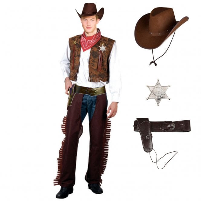 Western Cowboy + DARK BROWN Texan Hat + BROWN Deluxe Holster  + SILVER Sheriff Badge