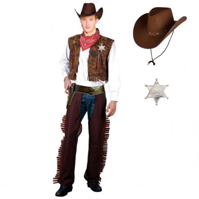 Western Cowboy + DARK BROWN Texan Hat + SILVER Sheriff Badge