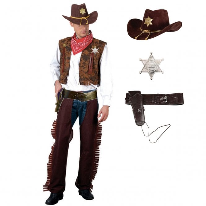Western Cowboy + Deluxe Sheriff Hat + BROWN Deluxe Holster/Belt + SILVER Sheriff Badge