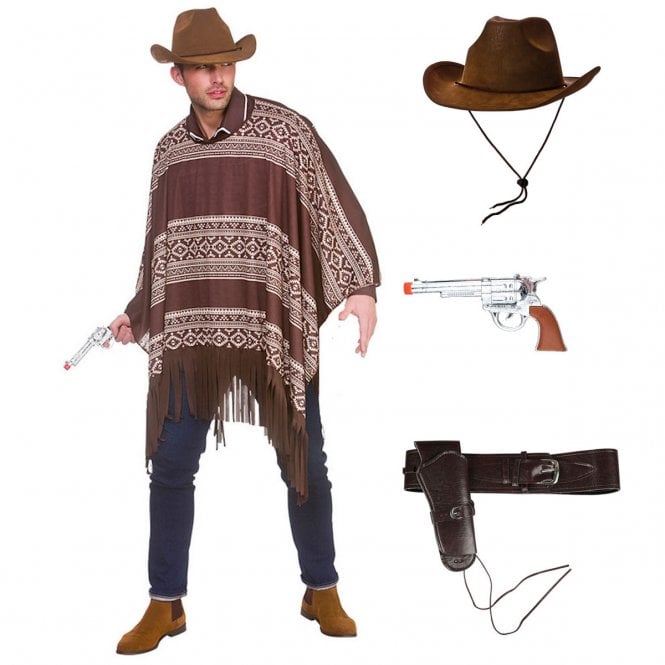 Western Cowboy Poncho + Deluxe Suede Hat + Deluxe Holster & Plastic Hand Gun 