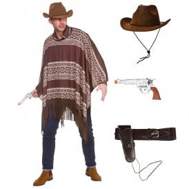 Western Cowboy Poncho + Deluxe Suede Hat + Deluxe Holster & Plastic Hand Gun 