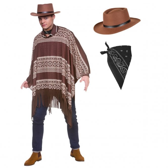 Western Cowboy Poncho + Gunslinger Hat + Black Bandana