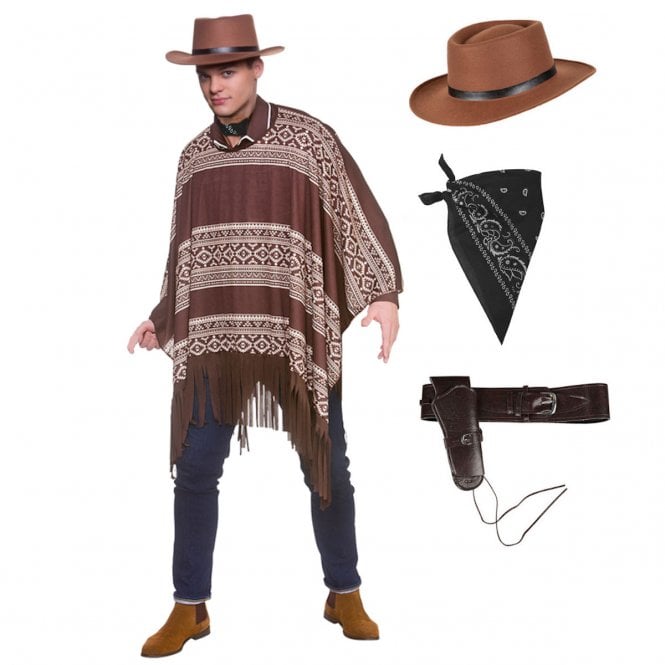 Western Cowboy Poncho + Gunslinger Hat + BLACK Paisley Bandana + Deluxe Holster