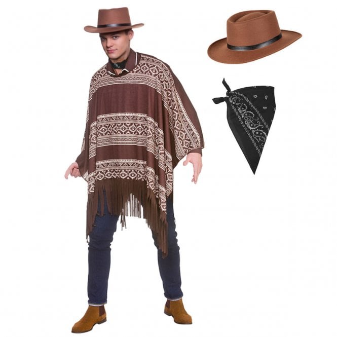 Western Cowboy Poncho + Gunslinger Hat + Black Paisley Bandana