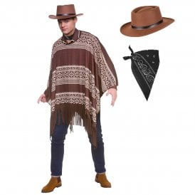 Western Cowboy Poncho + Gunslinger Hat + Black Paisley Bandana