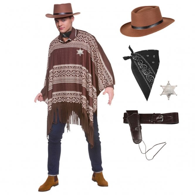 Western Cowboy Poncho + Gunslinger Hat + BLACK Paisley Print Bandana + BROWN Deluxe Holster + SILVER Sheriff Badge