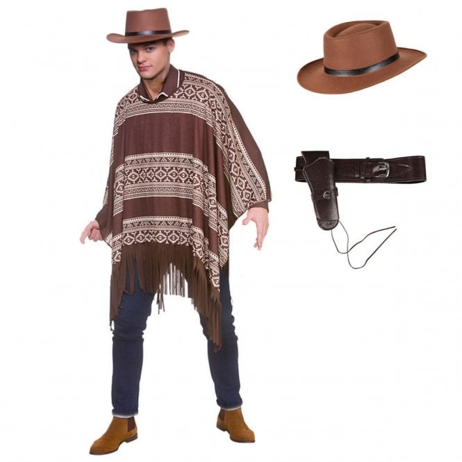 Western Cowboy Poncho + Gunslinger Hat + Deluxe Holster