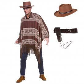 Western Cowboy Poncho + Gunslinger Hat + Deluxe Holster
