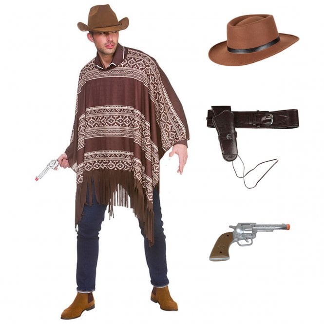 Western Cowboy Poncho + Gunslinger Hat + Deluxe Holster & Plastic Hand Gun