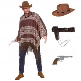 Western Cowboy Poncho + Gunslinger Hat + Deluxe Holster & Plastic Hand Gun 