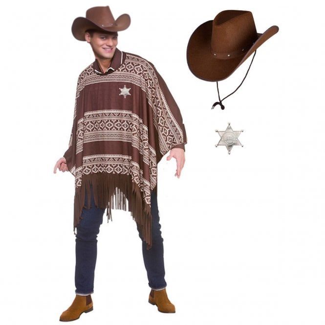 Western Cowboy Poncho + Texan Cowboy DARK BROWN Hat + SILVER Sheriff Badge