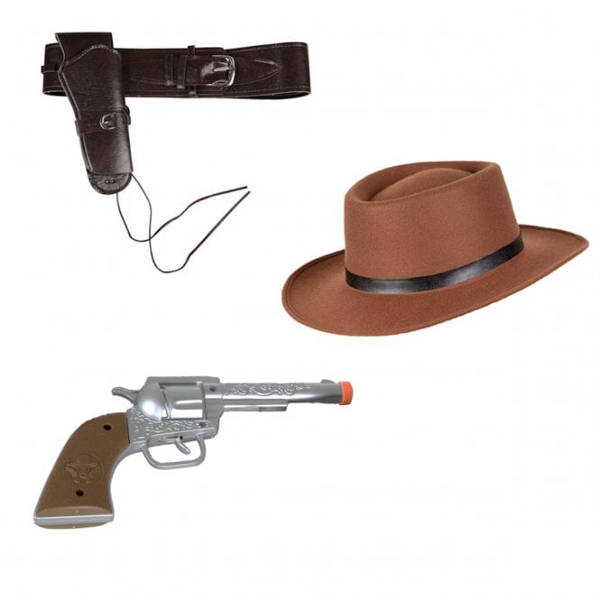 Western Gunslinger Hat + Deluxe Cowboy Holster + Plastic Hand Gun