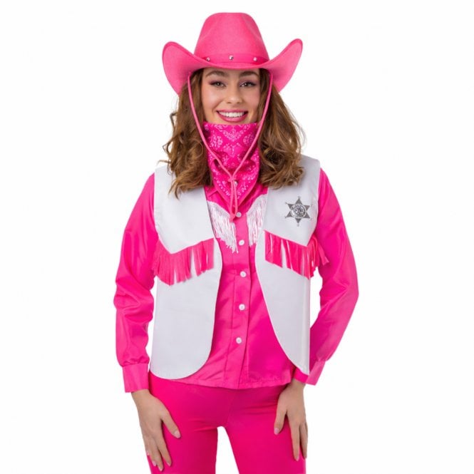 WHITE Cowboy Sheriff Waistcoat + HOT PINK Texan Cowboy Hat + HOT PINK Bandana