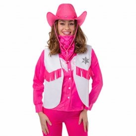 WHITE Cowboy Sheriff Waistcoat +  HOT PINK Texan Cowboy Hat +  HOT PINK Bandana
