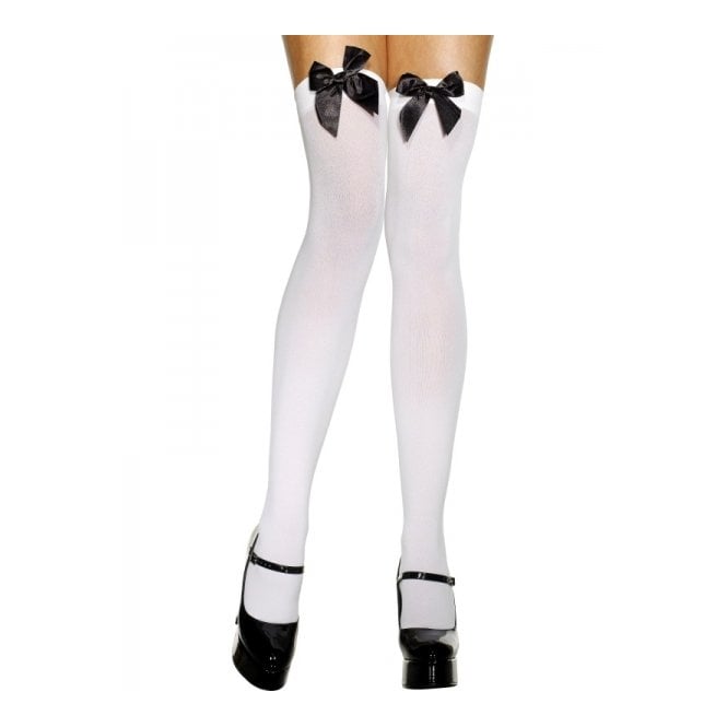 White Hold Up Stockings With Black Bow - Adult Accessory