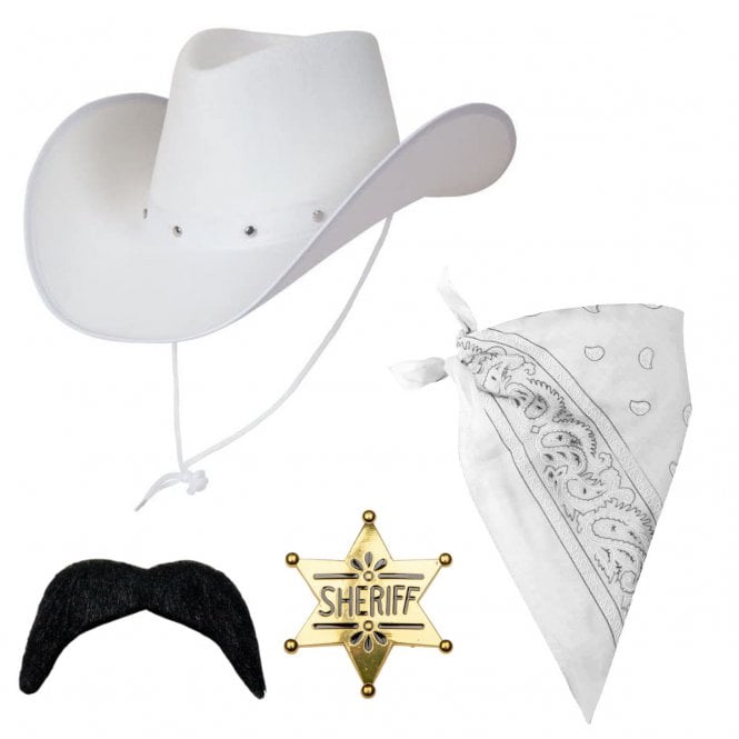WHITE Texan Cowboy Hat + WHITE Bandana + GOLD Sheriff Badge + Black Cowboy Moustache