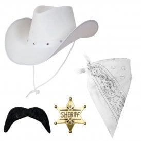 WHITE Texan Cowboy Hat + WHITE Bandana + GOLD Sheriff Badge + Black Cowboy Moustache