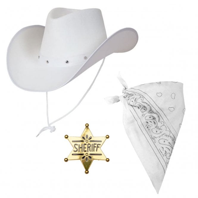 WHITE Texan Cowboy Hat + WHITE Bandana + GOLD Sheriff Badge 