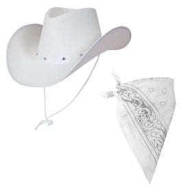  Texan Cowboy White Hat + White Bandana - Adult Accessory Set 