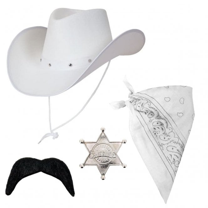 WHITE Texan Cowboy Hat + WHITE Bandana + SILVER Sheriff Badge + BLACK Cowboy Moustache