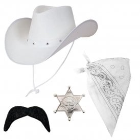 WHITE Texan Cowboy Hat + WHITE Bandana + SILVER Sheriff Badge + BLACK Cowboy Moustache