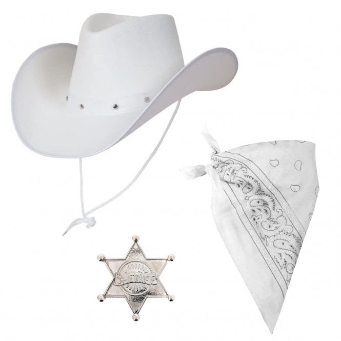WHITE Texan Cowboy Hat + WHITE Bandana + SILVER Sheriff Badge 