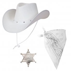 WHITE Texan Cowboy Hat + WHITE Bandana + SILVER Sheriff Badge 