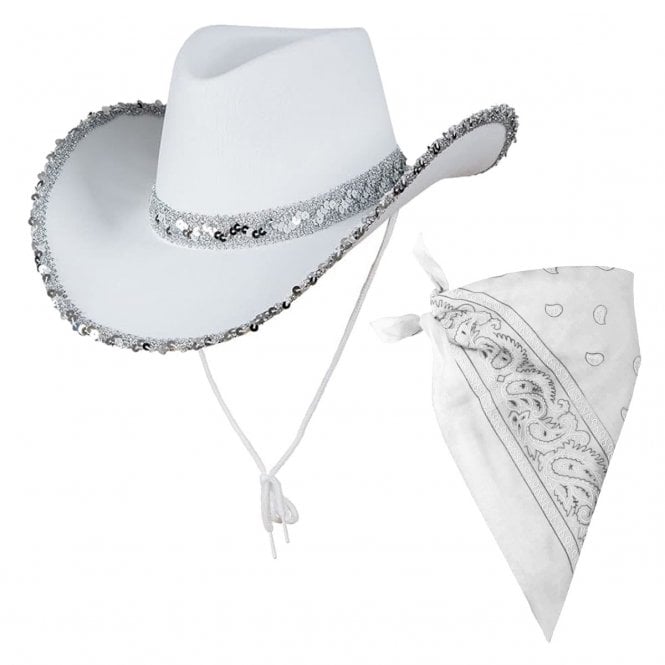 WHITE Texan Cowgirl Hat with Sequins + WHITE Bandana