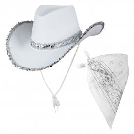 WHITE Texan Cowgirl Hat with Sequins + WHITE Bandana