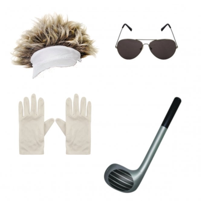 White Visor Golfer Hat with Hair + Inflatable Golf Club + White Gloves + Aviator Glasses